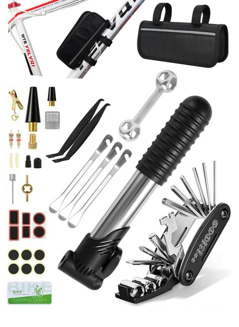 Bike Repair Kit, Bicycle Repair Bag with Tire Pump, Bike Tool Kit for Camping Travel, 16-in-1 Bike Multitool, Bicycle Tire Repair Kit, 4mm and 5mm Allen Wrenches, Used for Mountain Bike and Road Bike