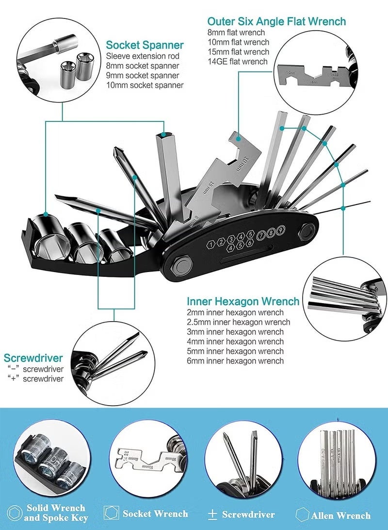 مجموعة إصلاح الدراجات، حقيبة إصلاح الدراجات مع مضخة إطارات، مجموعة أدوات الدراجات للتخييم والسفر، أداة متعددة الاستخدامات للدراجات 16 في 1، مجموعة إصلاح إطارات الدراجات، مفاتيح ألين 4 مم و5 مم، تُستخدم للدراجات الجبلية ودراجات الطرق - Image 4