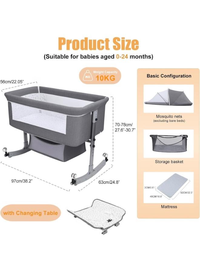 Adjustable Bedside Bassinet Baby Crib with Mosquito Net and Wheels - Image 3