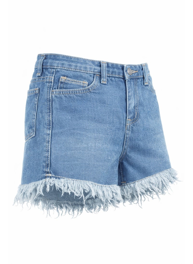 Girls Blue Denim Shorts – Soft Cotton, Frayed Hem, Casual Summer Wear - Image 2