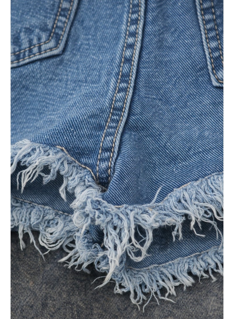 Girls Blue Denim Shorts – Soft Cotton, Frayed Hem, Casual Summer Wear - Image 3