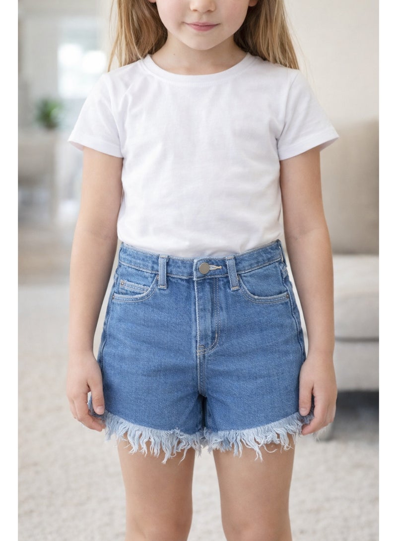 Girls Blue Denim Shorts – Soft Cotton, Frayed Hem, Casual Summer Wear - Image 1