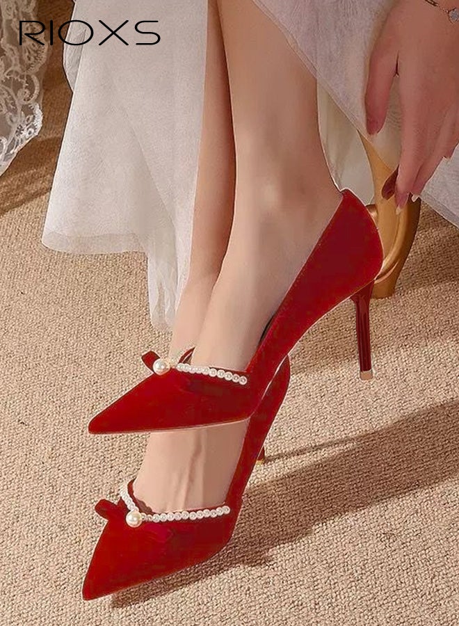 RIOXS Women's Stiletto Heel Pointed Toe Pumps, 6cm Closed Toe Slip on Wedding Dress Shoes with Bow and Pearl, Elegant Dressy Wedding Pump Shoes for Party Homecoming Prom - Image 5