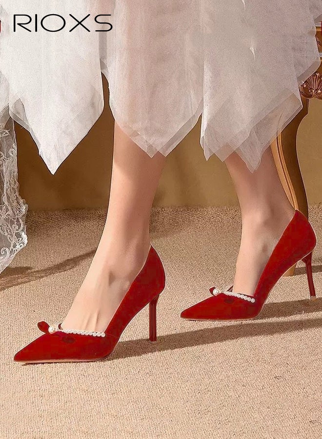 RIOXS Women's Stiletto Heel Pointed Toe Pumps, 6cm Closed Toe Slip on Wedding Dress Shoes with Bow and Pearl, Elegant Dressy Wedding Pump Shoes for Party Homecoming Prom - Image 4
