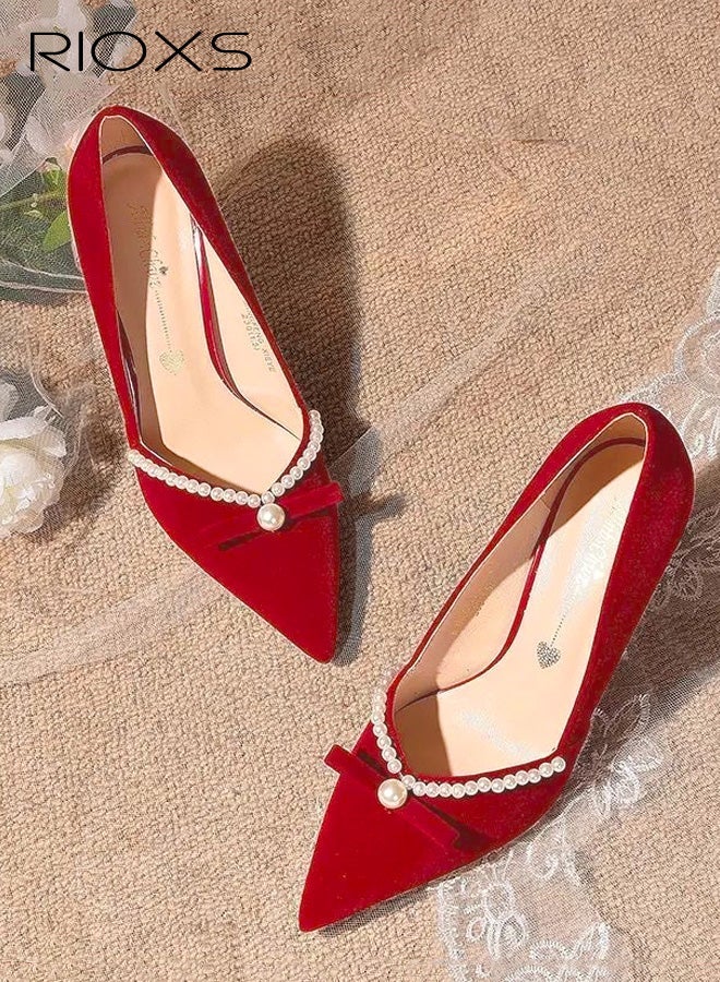 RIOXS Women's Stiletto Heel Pointed Toe Pumps, 6cm Closed Toe Slip on Wedding Dress Shoes with Bow and Pearl, Elegant Dressy Wedding Pump Shoes for Party Homecoming Prom - Image 2