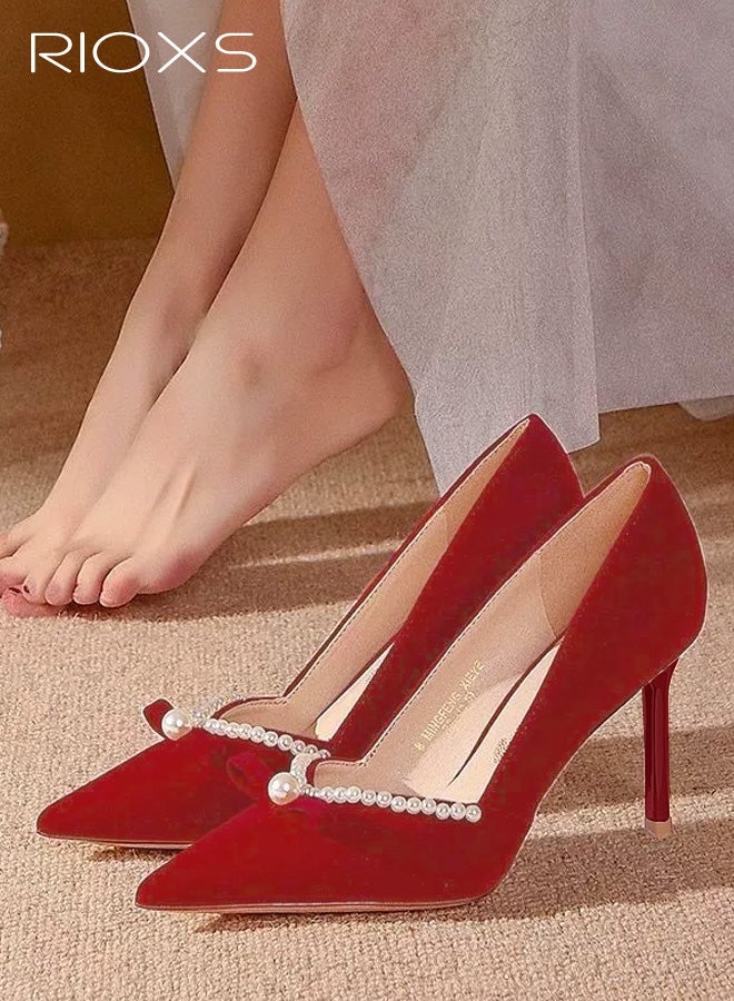 RIOXS Women's Stiletto Heel Pointed Toe Pumps, 6cm Closed Toe Slip on Wedding Dress Shoes with Bow and Pearl, Elegant Dressy Wedding Pump Shoes for Party Homecoming Prom - Image 3