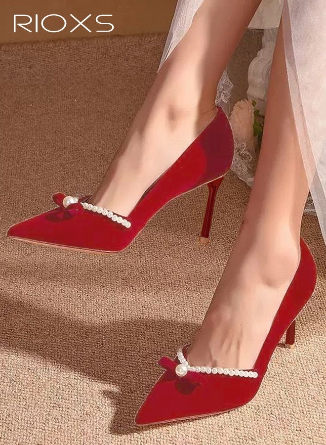 RIOXS Women's Stiletto Heel Pointed Toe Pumps, 6cm Closed Toe Slip on Wedding Dress Shoes with Bow and Pearl, Elegant Dressy Wedding Pump Shoes for Party Homecoming Prom - Image 1