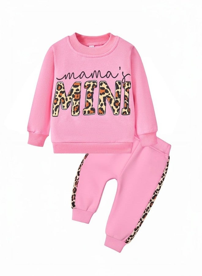 FUNMETA Baby Girl Clothes 2 Piece Cute Outfit, Long Sleeve Pullover Crewneck Sweatshirt with Jogger Pants Infant Clothing Set for Spring Fall Winter, 12-18M, Pink Leopard - Image 1