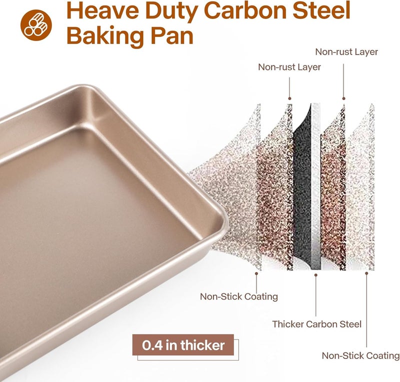 Barlket Deep Baking Pans Set, 3-Pieces Rectangle Cake Pan, Nonstick Roasting Pans Set for Thanksgiving Christmas, 9/11/13 Inch, Toaster Oven Tray Bakeware Set, Lasagna Pan Deep Size, Heavy Duty, Gold - Image 2