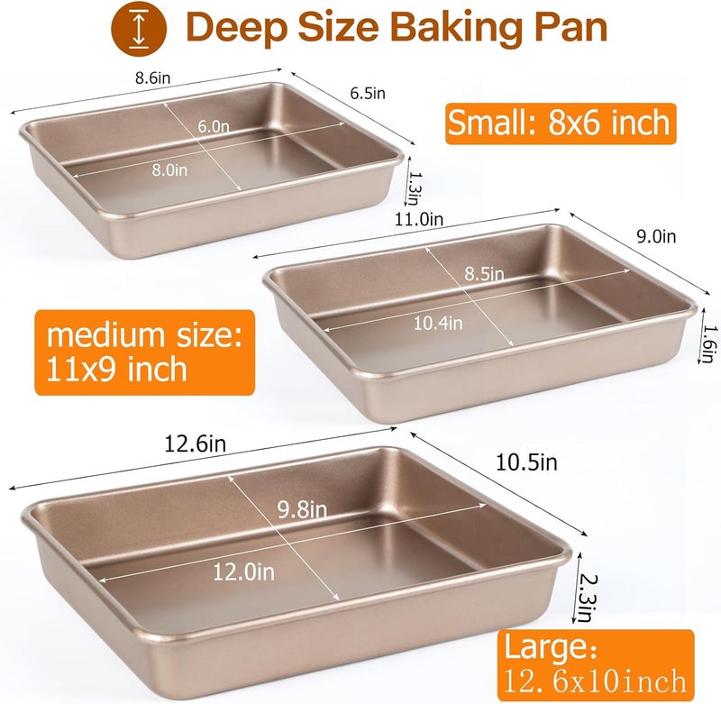Barlket Deep Baking Pans Set, 3-Pieces Rectangle Cake Pan, Nonstick Roasting Pans Set for Thanksgiving Christmas, 9/11/13 Inch, Toaster Oven Tray Bakeware Set, Lasagna Pan Deep Size, Heavy Duty, Gold - Image 3