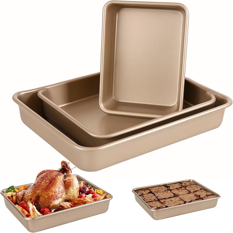 Barlket Deep Baking Pans Set, 3-Pieces Rectangle Cake Pan, Nonstick Roasting Pans Set for Thanksgiving Christmas, 9/11/13 Inch, Toaster Oven Tray Bakeware Set, Lasagna Pan Deep Size, Heavy Duty, Gold - Image 1