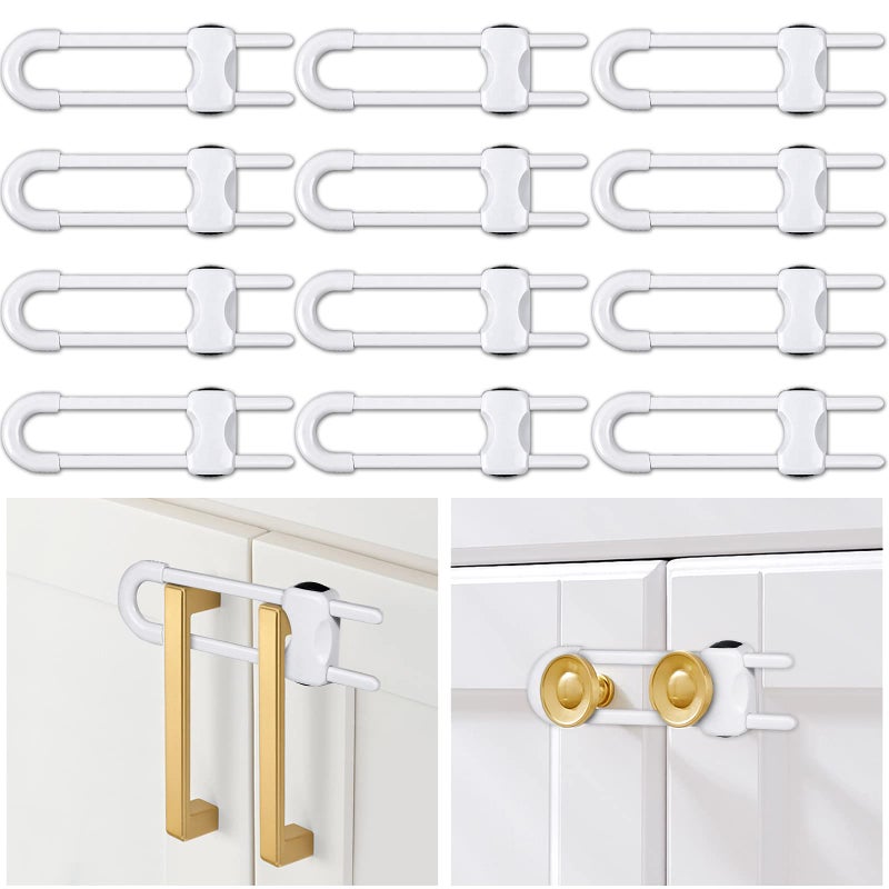 Modacraft 12 Packs Baby Proofing Sliding Cabinet Locks modacraft U-Shaped Child Safety Latches Adjustable White Locks for Handles Knobs Drawers Closet Cupboard - Image 1