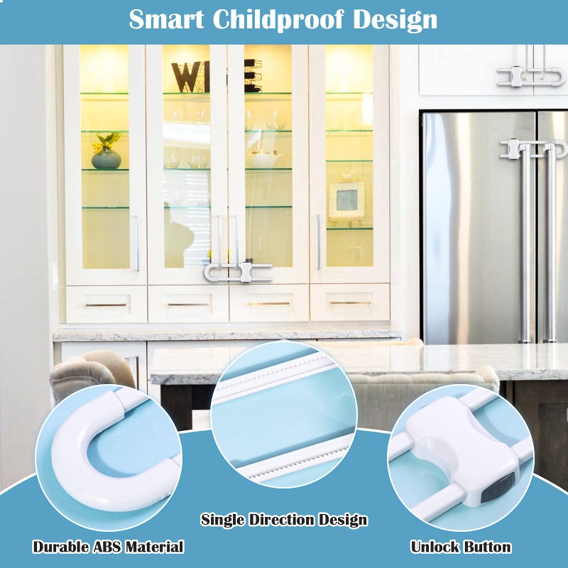Modacraft 12 Packs Baby Proofing Sliding Cabinet Locks modacraft U-Shaped Child Safety Latches Adjustable White Locks for Handles Knobs Drawers Closet Cupboard - Image 2