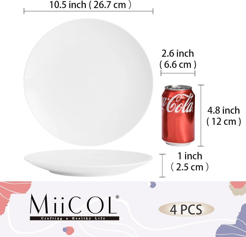Miicol Ceramic Dinner Plates Set of 4, Large Salad Plate 10.5 inch / 27 cm, White Flat Dish, Porcelain Serving Dishes for Pasta, Steak, Dessert, Microwave and Dishwasher Safe, Scratch Resistant - Image 3