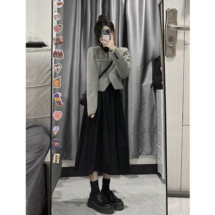 Grey Collar Jacket  Slim Knit Dress Set gray coat black dress