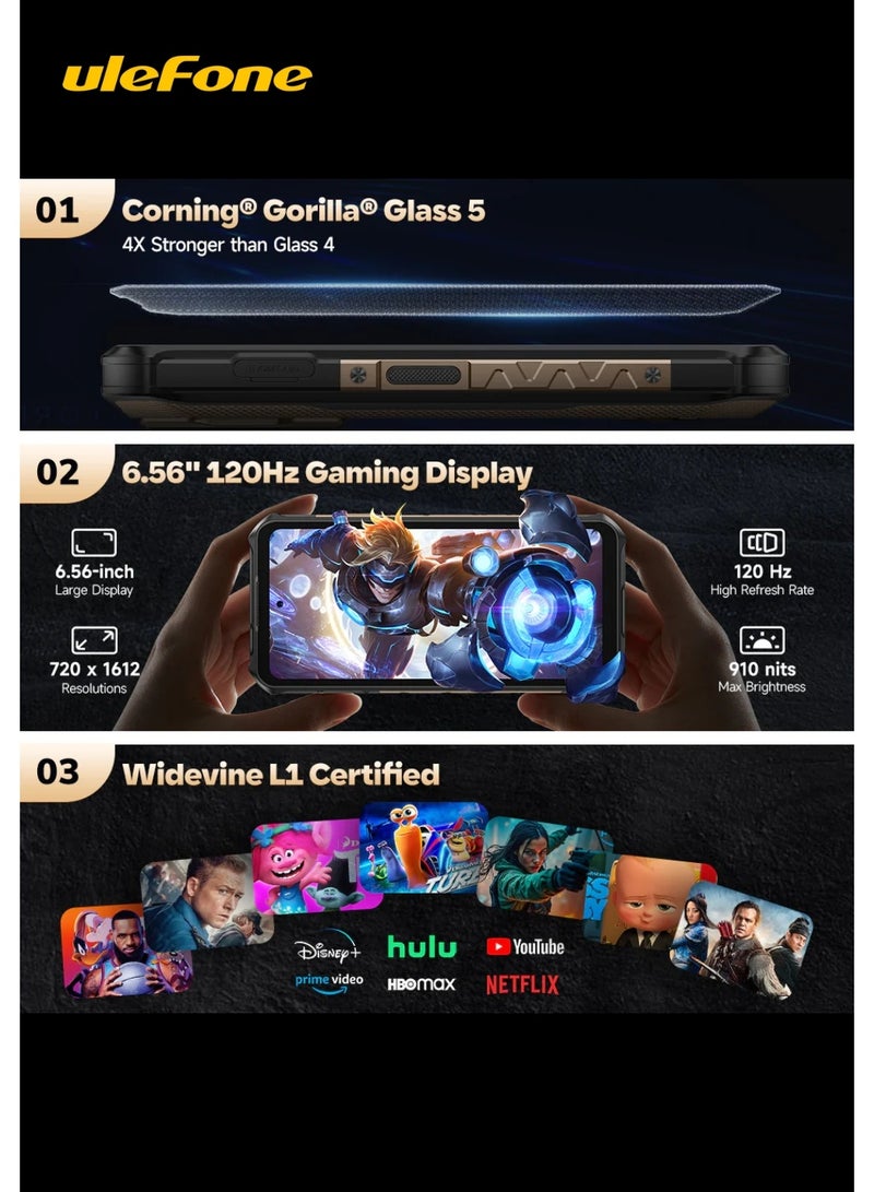 أوليفون Ulefone Armor X16 Pro 5G Rugged Smartphone, 8GB RAM + 256GB ROM, MediaTek Dimensity 6300, 6.56" 120Hz HD+ Display, 64MP + 25MP Night Vision Camera, 10360mAh Battery, Android 15, IP68/IP69K, NFC - Image 5