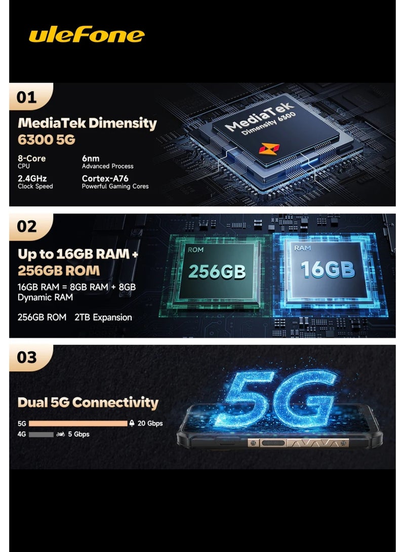 أوليفون Ulefone Armor X16 Pro 5G Rugged Smartphone, 8GB RAM + 256GB ROM, MediaTek Dimensity 6300, 6.56" 120Hz HD+ Display, 64MP + 25MP Night Vision Camera, 10360mAh Battery, Android 15, IP68/IP69K, NFC - Image 4