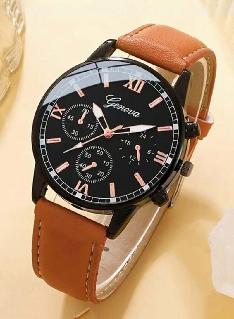 جنيفا مجموعة رجالية مكونة من ساعة يد ، طراز كاجوال رياضي أنيق بطابع صناعي مع ٣ قطع من أساور الجلد الرجالية لطراز البانك ، مجموعة أساور محبوكة من البولي يوريثان مناسبة للارتداء في المناسبات والأعياد هدية رائعة - Image 2