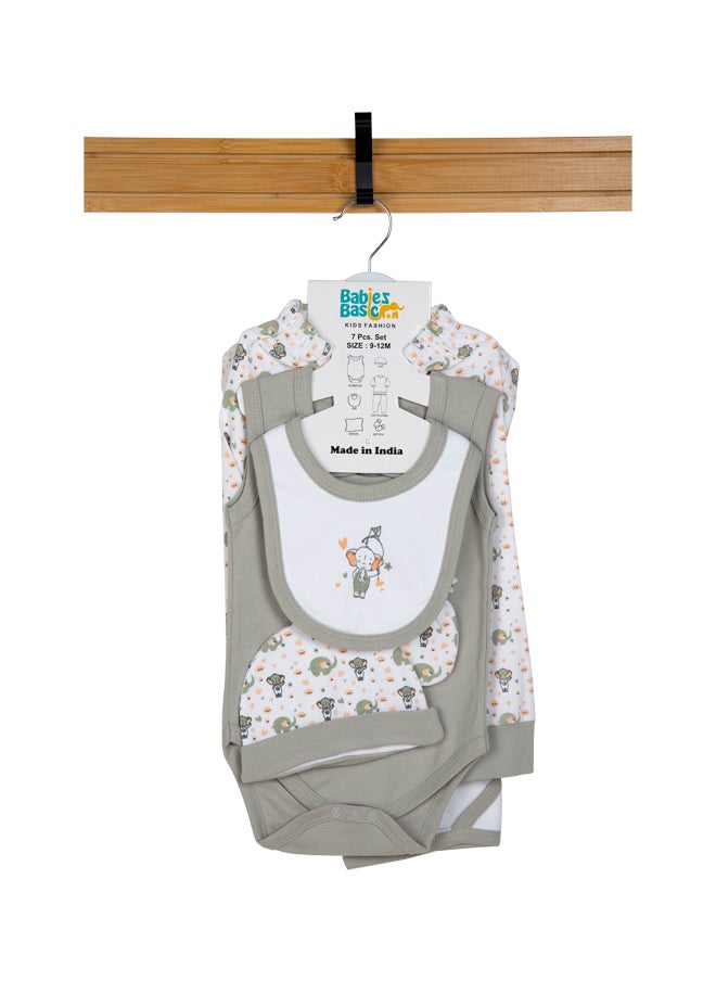 Babies Basic 7 Piece Unisex 100% Cotton Gift Set Include Bib, Blanket, Mitten, Cap, Romper, Top And Bottom Set, Grey  - Image 1