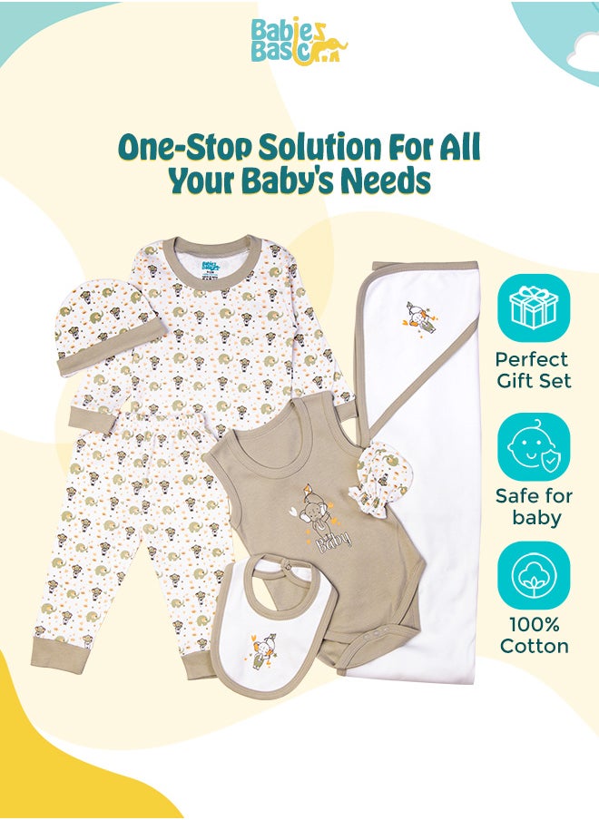 Babies Basic 7 Piece Unisex 100% Cotton Gift Set Include Bib, Blanket, Mitten, Cap, Romper, Top And Bottom Set, Grey  - Image 2