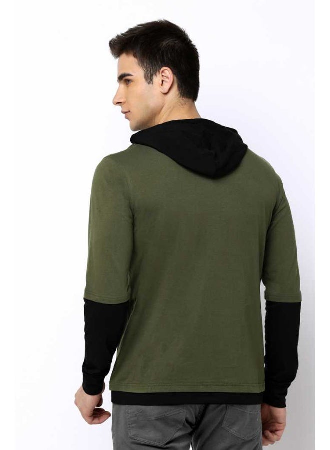 Maniac Color Block Men's Fullsleeve Hooded Olive Cotton Tshirt - Image 3