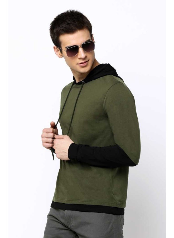 Maniac Color Block Men's Fullsleeve Hooded Olive Cotton Tshirt - Image 2