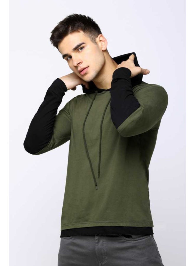 Maniac Color Block Men's Fullsleeve Hooded Olive Cotton Tshirt - Image 1