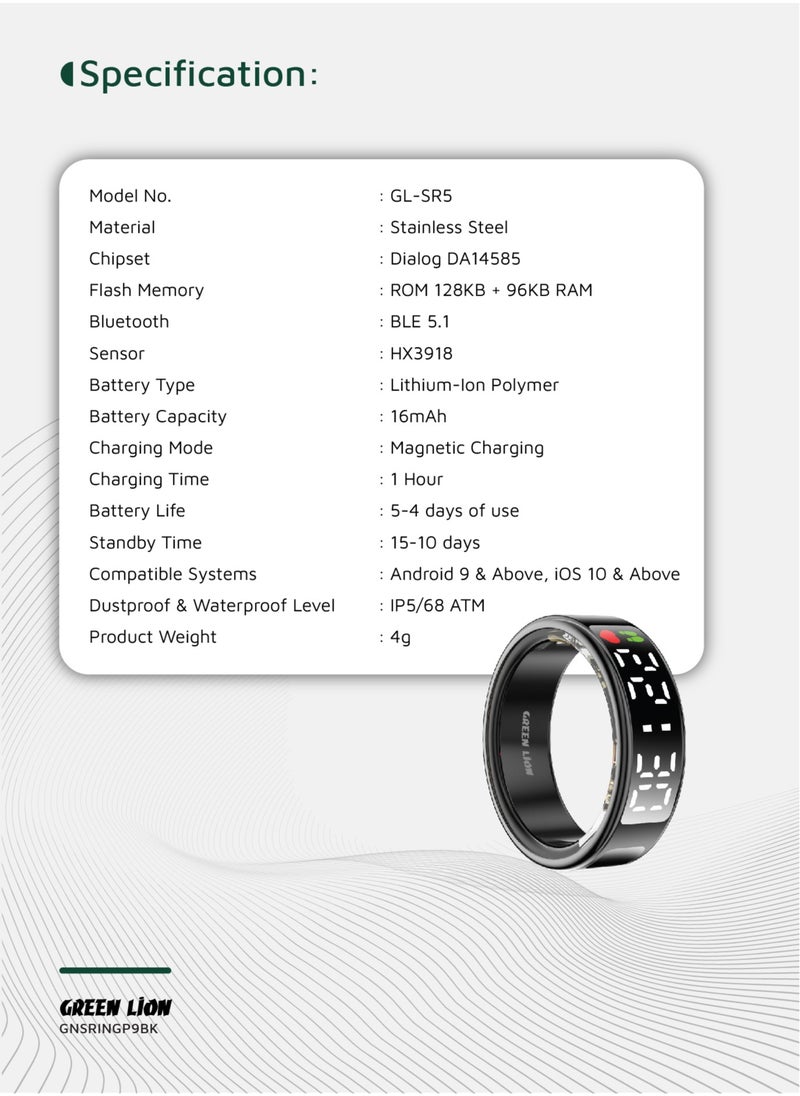 Smart Ring Pro with Digital Display & Magnetic Charging Case / Size 9-18.9mm / Remote Snap / Calories Calculation / 128 Sports Modes / Personal Settings / Heart Rate Monitoring - Black