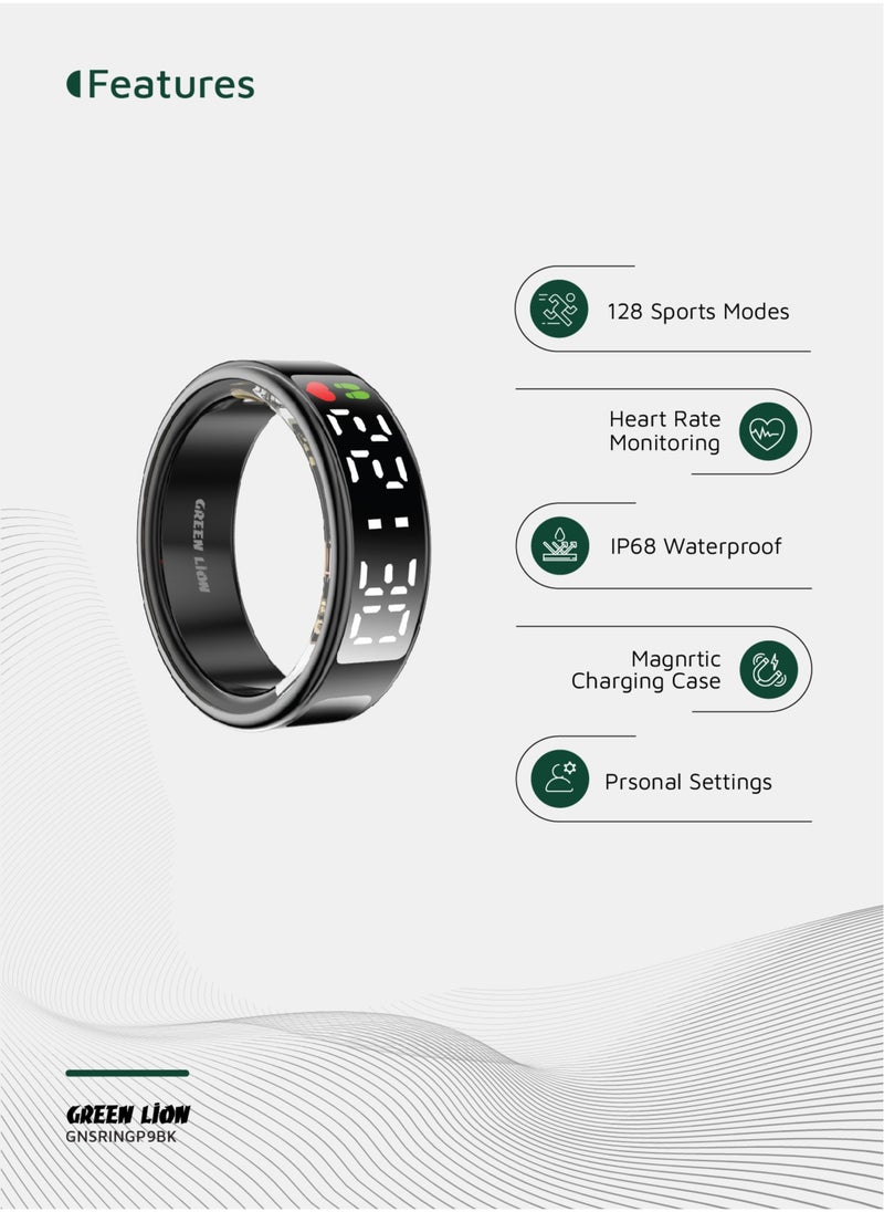 Smart Ring Pro with Digital Display & Magnetic Charging Case / Size 9-18.9mm / Remote Snap / Calories Calculation / 128 Sports Modes / Personal Settings / Heart Rate Monitoring - Black