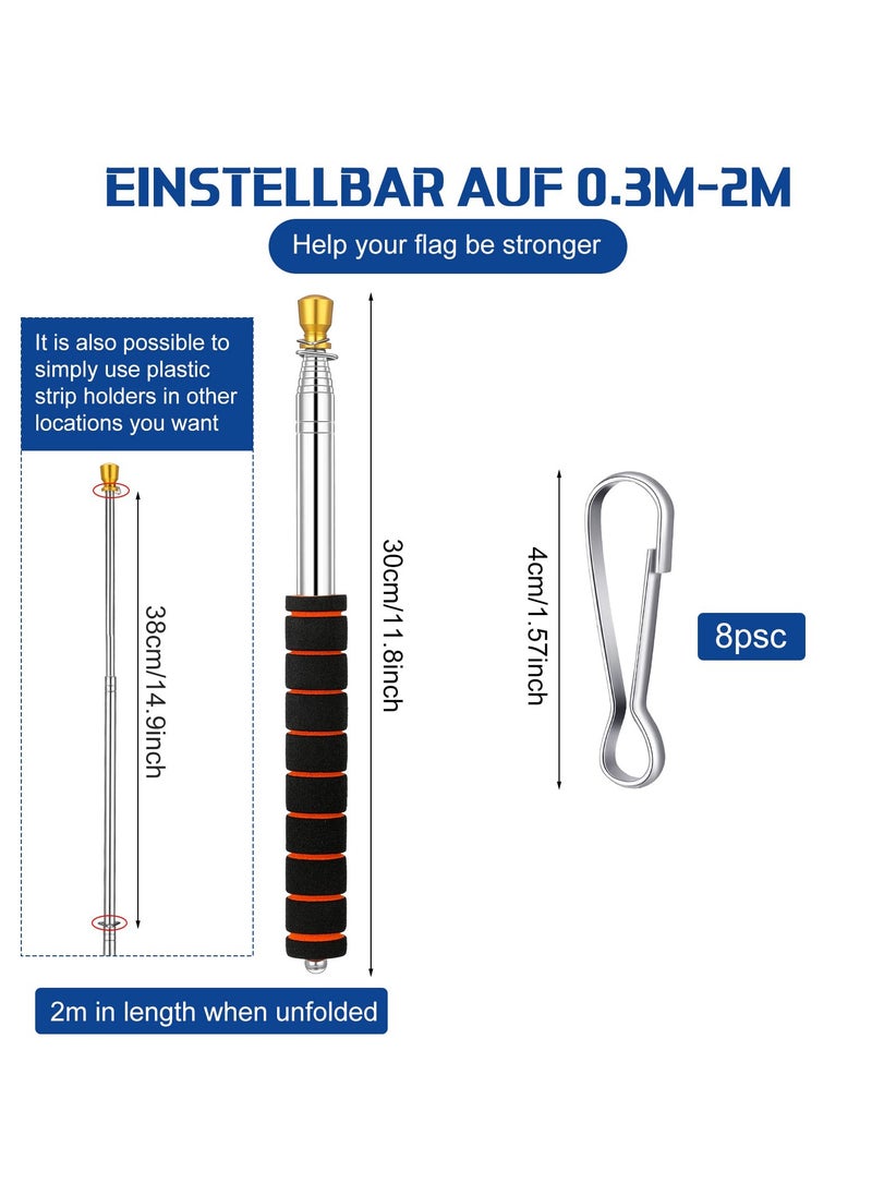 SYOSI - Telescopic Collapsible Flag Pole for Camping Handheld Extendable Portable Flagpole Stainless Steel Stick with Hooks 8 Pcs Clip Tour Guide Travel Teaching 2m - Image 1