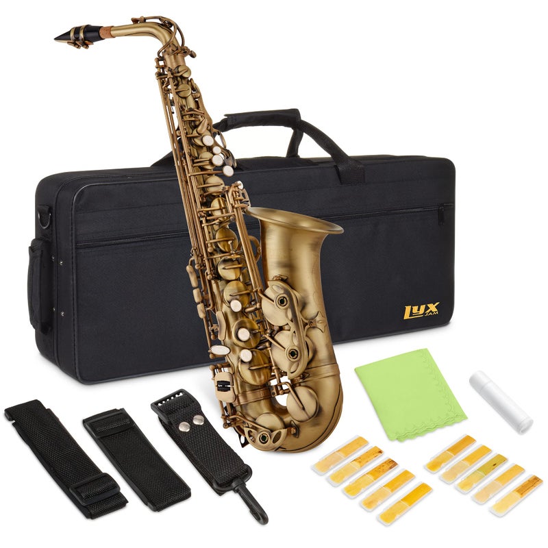 LyxJam Alto Saxophone E Flat Brass Sax Kit Professional Sound Complete Accessories Ideal for All Players Includes Hard Case 10 Extra Reeds Strap Gloves Cleaning Kit More Antique Bronze