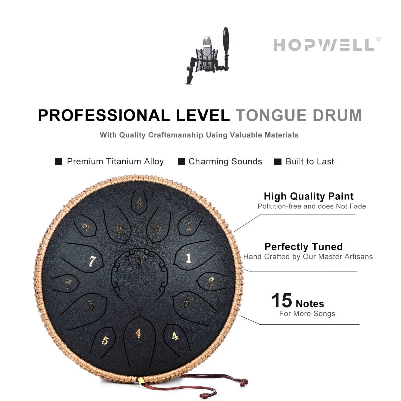 HOPWELL درام اللسان الفولاذي HOPWELL - 15 نغمة 12 بوصة - آلات إيقاع - درام بان يدوي مع كتاب موسيقي، عصي درام وحقيبة حمل، دو ماجور، أسود - Image 3