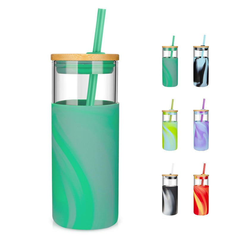 Tronco 20 oz Glass Tumbler with Lid and Straw, Iced Coffee Cup and Smoothie Cup with Bamboo Lids & Protective Silicone Sleeve, Dishwasher Safe, BPA-Free, Glass Cup 1 Pack - Image 1