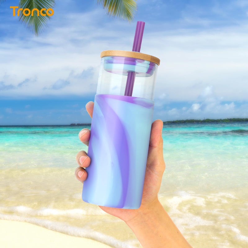 Tronco 20 oz Glass Tumbler with Lid and Straw, Iced Coffee Cup and Smoothie Cup with Bamboo Lids & Protective Silicone Sleeve, Dishwasher Safe, BPA-Free, Glass Cup 1 Pack - Image 5