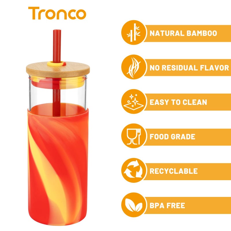 Tronco 20 oz Glass Tumbler with Lid and Straw, Iced Coffee Cup and Smoothie Cup with Bamboo Lids & Protective Silicone Sleeve, Dishwasher Safe, BPA-Free, Glass Cup 1 Pack - Image 3
