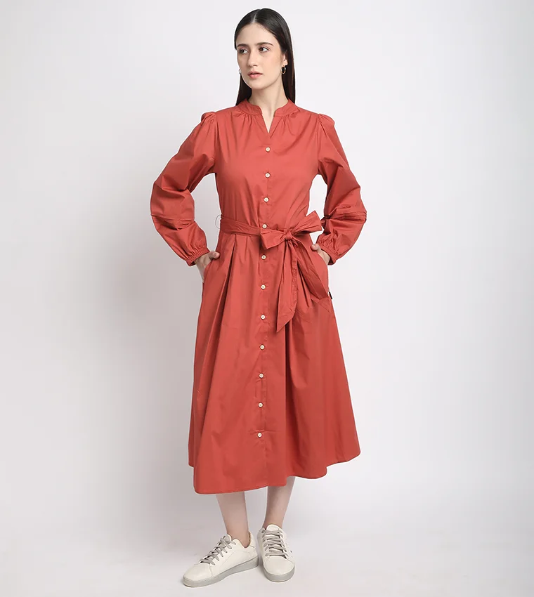 BEVERLY HILLS POLO CLUB Tie Waist Long Sleeves Shirt Dress