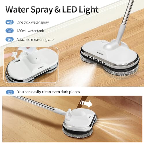 AlfaBot Electric Mop, AlfaBot WS-24 Cordless Spin Mop for Floor Cleaning, Lightweight & Rechargeable Floor Cleaner with Water Sprayer and LED Headlight for Hardwood and Tile Floors, White - Image 3