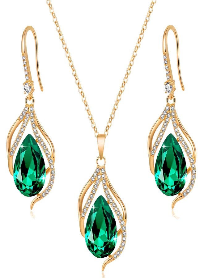 EVEVIC Austrian Crystals Teardrop Hollow Twisted Pendant Necklace Earrings for Women 14K Gold Plated Halo Drop Dangle Earrings Hypoallergenic Jewelry Set (Green) - Image 1