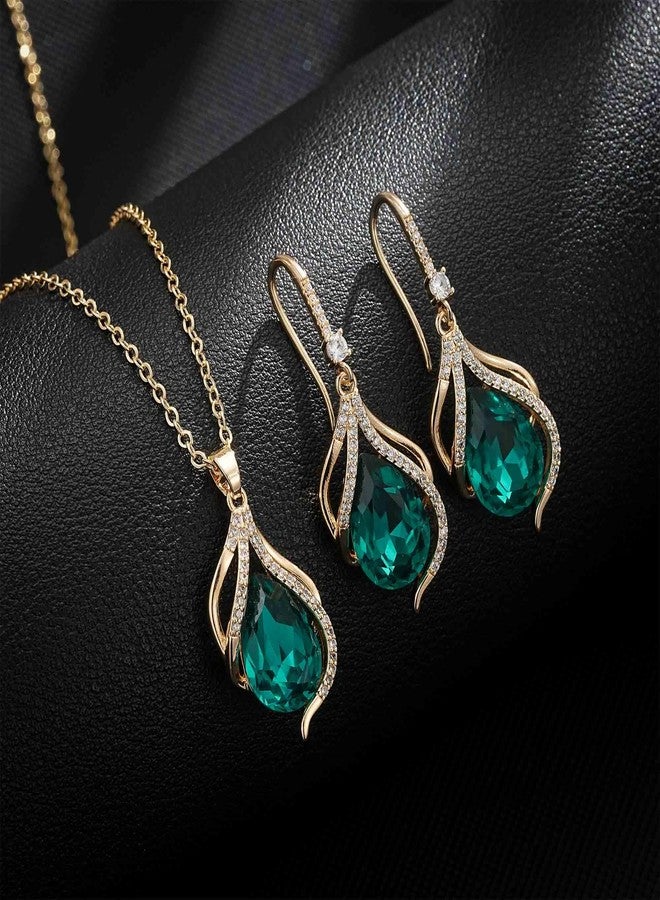 EVEVIC Austrian Crystals Teardrop Hollow Twisted Pendant Necklace Earrings for Women 14K Gold Plated Halo Drop Dangle Earrings Hypoallergenic Jewelry Set (Green) - Image 3