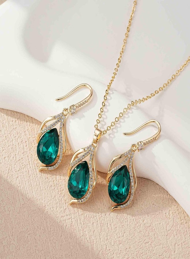 EVEVIC Austrian Crystals Teardrop Hollow Twisted Pendant Necklace Earrings for Women 14K Gold Plated Halo Drop Dangle Earrings Hypoallergenic Jewelry Set (Green) - Image 5