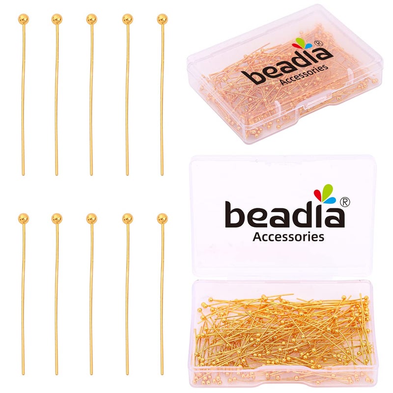 BEADIA 18K Gold Plated Ball Head Pins Non Tarnish 30mm 200pcs for Jewelry Making Findings