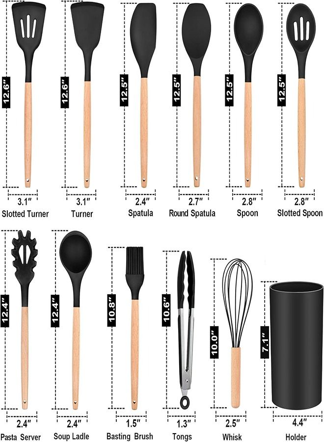 11- Piece Wooden Handle Non Stick Cookware Spoon Set Black - Image 2