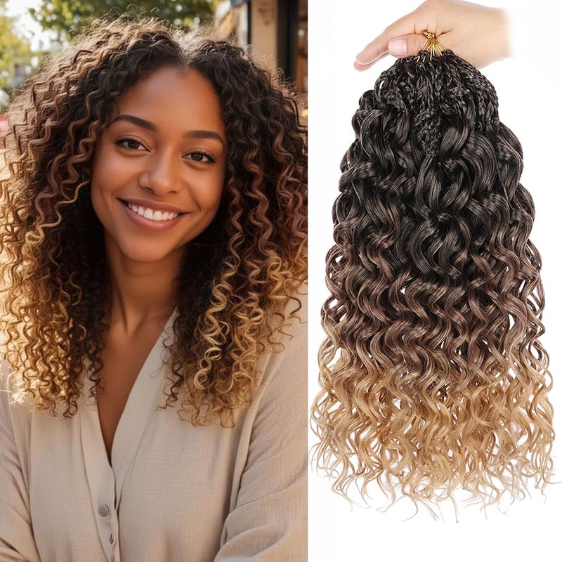 Leeven Gogo Curl Crochet Hair 14 Inch 8 Packs Ombre Brown to Honey Blonde Ocean Wave Crochet Hair Pre Looped Deep Twist Goddess Box Braids Short Curly Water Wave Synthetic Hair for Women Girl Kids - Image 1