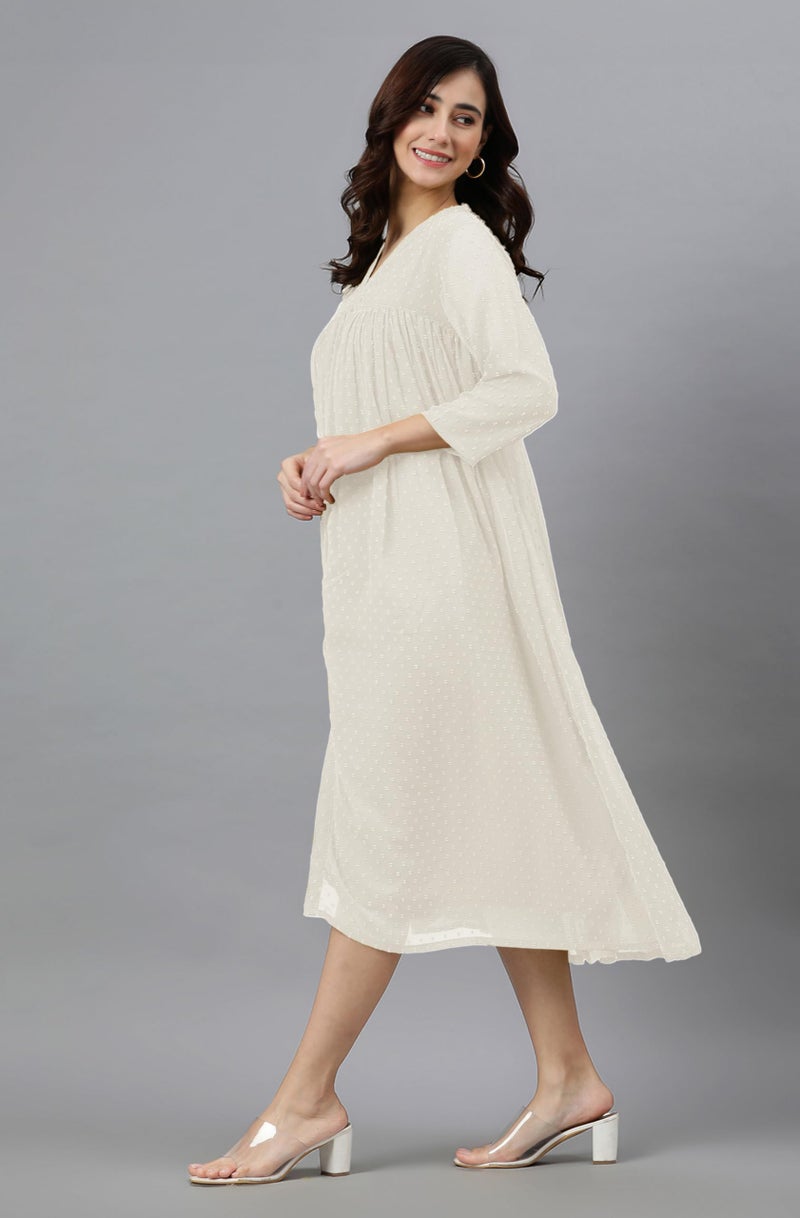 Janasya Women's Off White Dobby Chiffon Woven Design Front Slit Flared Kurta (JAC24KR01565-XL) - Image 3