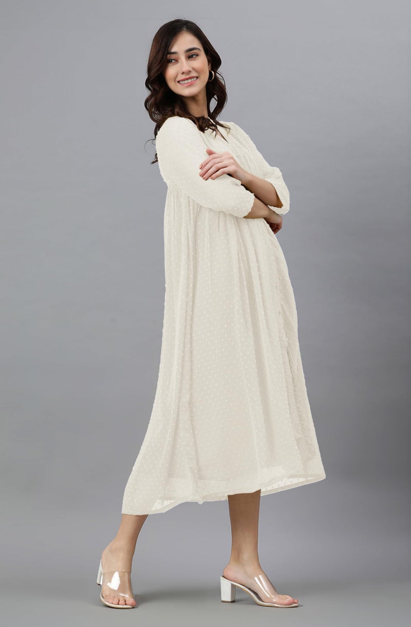 Janasya Women's Off White Dobby Chiffon Woven Design Front Slit Flared Kurta (JAC24KR01565-XL) - Image 2