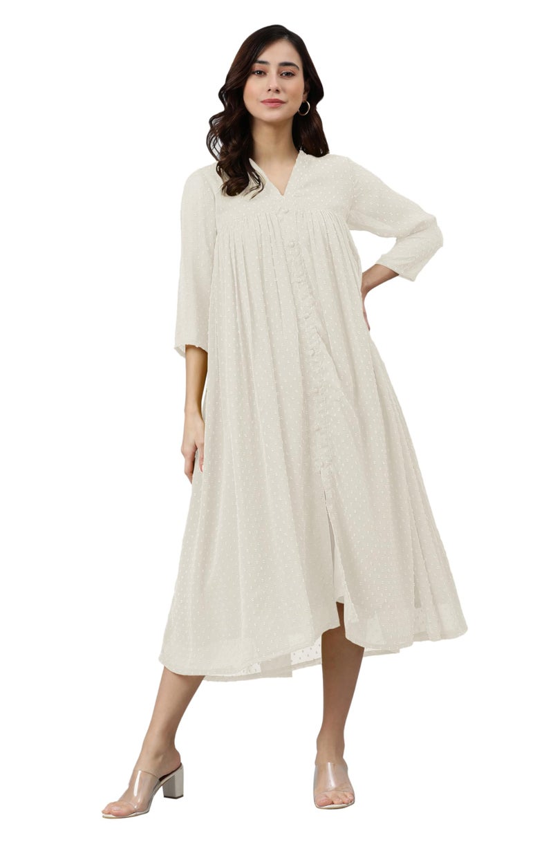 Janasya Women's Off White Dobby Chiffon Woven Design Front Slit Flared Kurta (JAC24KR01565-XL) - Image 1