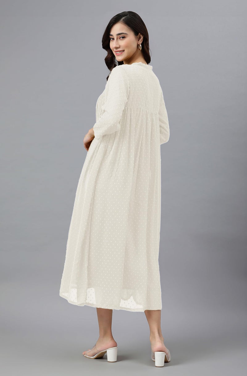 Janasya Women's Off White Dobby Chiffon Woven Design Front Slit Flared Kurta (JAC24KR01565-XL) - Image 4