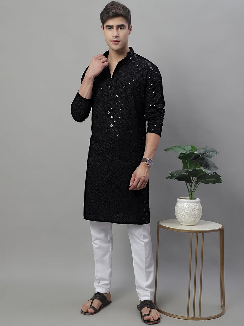 Jompers Men's Chikankari Embroidered and Sequence Kurtas Only (Black, S) - Image 4