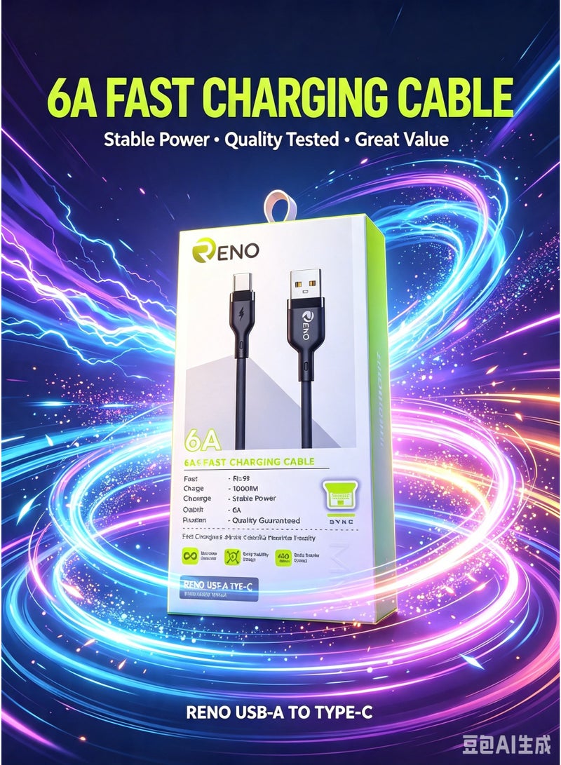 RENO RL-98 USB-A to Type-C 6A Fast Charging & Data Sync Cable (1m) - Black - Image 1