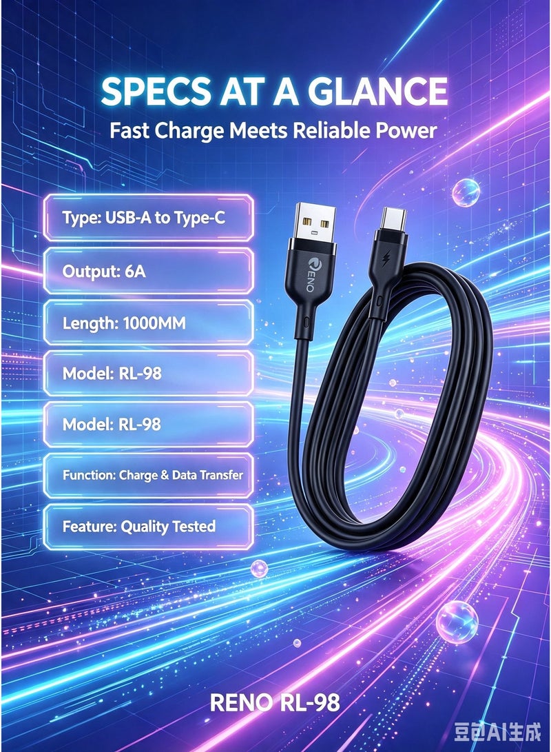 RENO RL-98 USB-A to Type-C 6A Fast Charging & Data Sync Cable (1m) - Black - Image 2